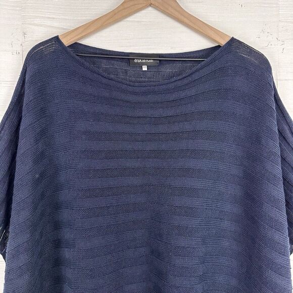 Eskandar Kaftan Poncho OS Linen Lagenlook Sweater Tunic Top Handloomed Knit Blue - Picture 2 of 11